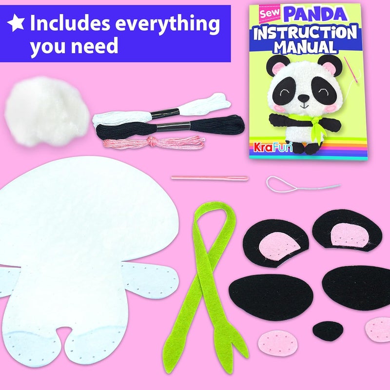 KRAFUN Panda Animal Sewing Kit for Kids Beginner My First Art & Craft, Includes Panda Doll Stuffed Animal, Instructions & Plush Felt Materials for Embroidery, Age 7 8 9 10 11 12 - Image 2